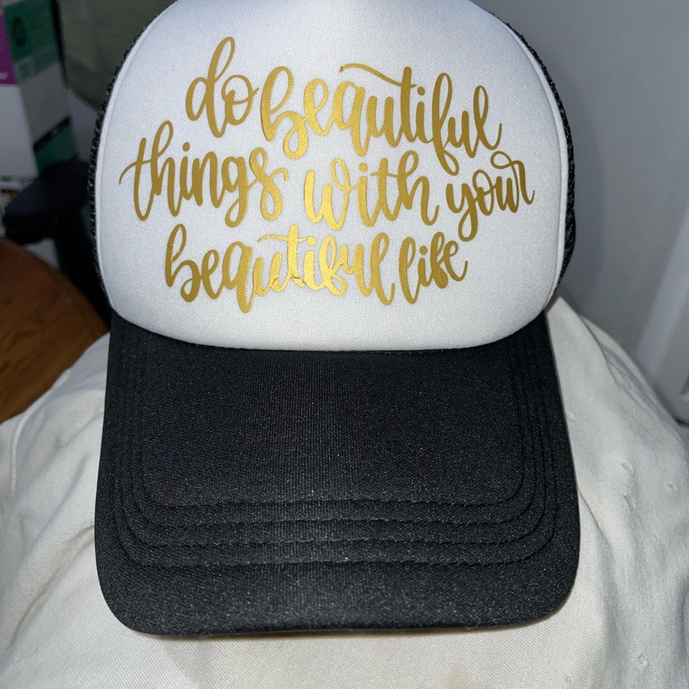 White & Black Trucker Hat with Gold Script